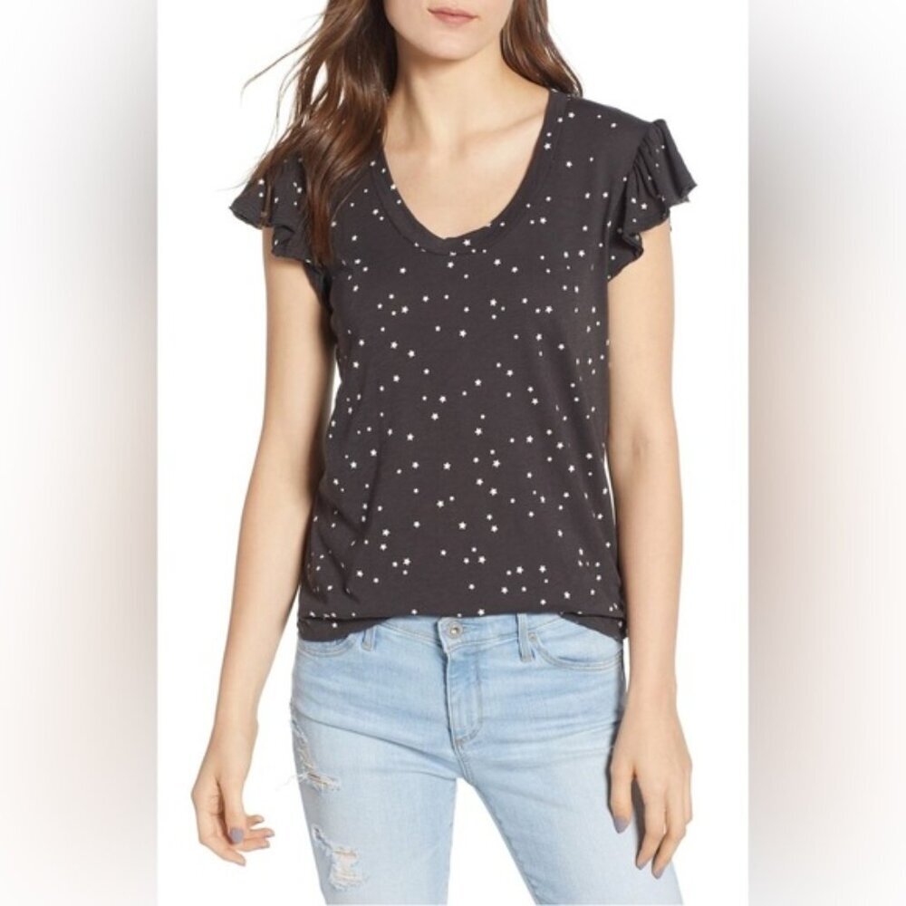 Sundry 100% Pima cotton star print ruffle sleeve tee shirt small made in USA
